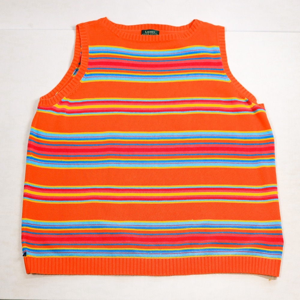 Lauren Ralph Lauren Sweater Vest Womens 3X Orange Striped Cotton Knit Multicolor